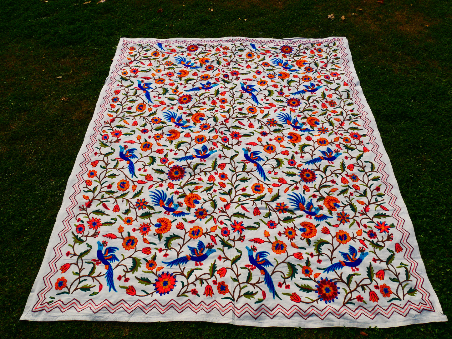 Hand embroidered Kashmiri bedspread - colorful crewel embroidery - large boho bed throw