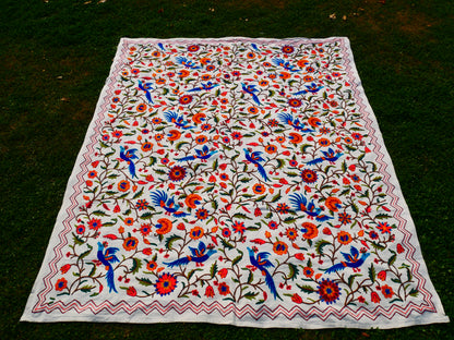 Hand embroidered Kashmiri bedspread - colorful crewel embroidery - large boho bed throw