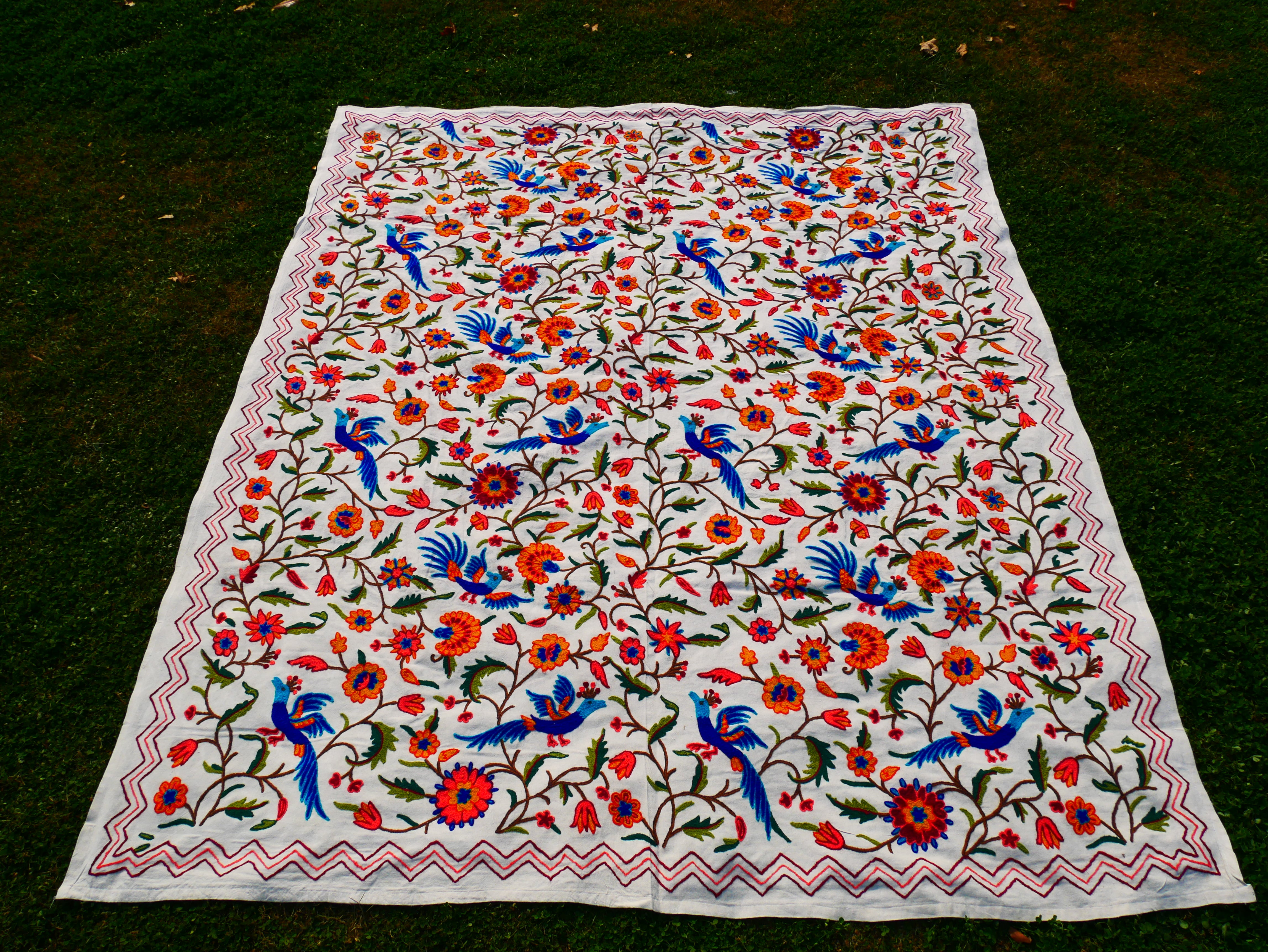 Hand embroidered Kashmiri bedspread - colorful crewel embroidery - large boho bed throw