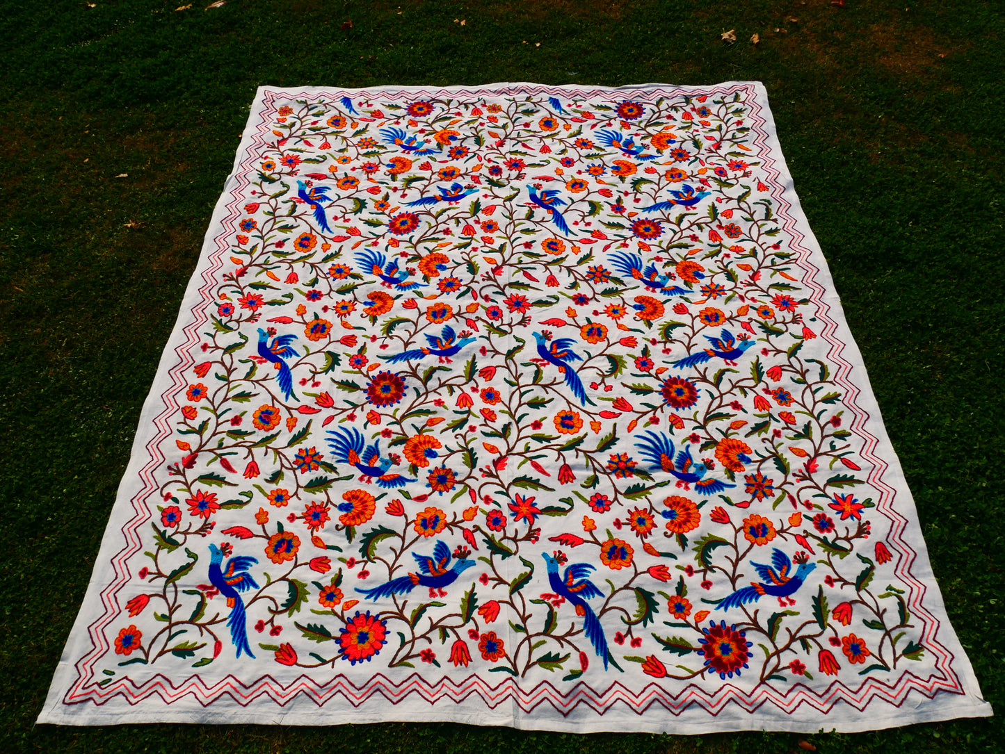 Hand embroidered Kashmiri bedspread - colorful crewel embroidery - large boho bed throw