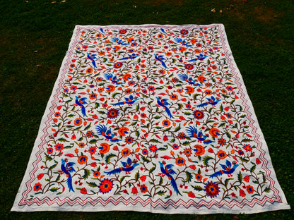 Hand embroidered Kashmiri bedspread - colorful crewel embroidery - large boho bed throw