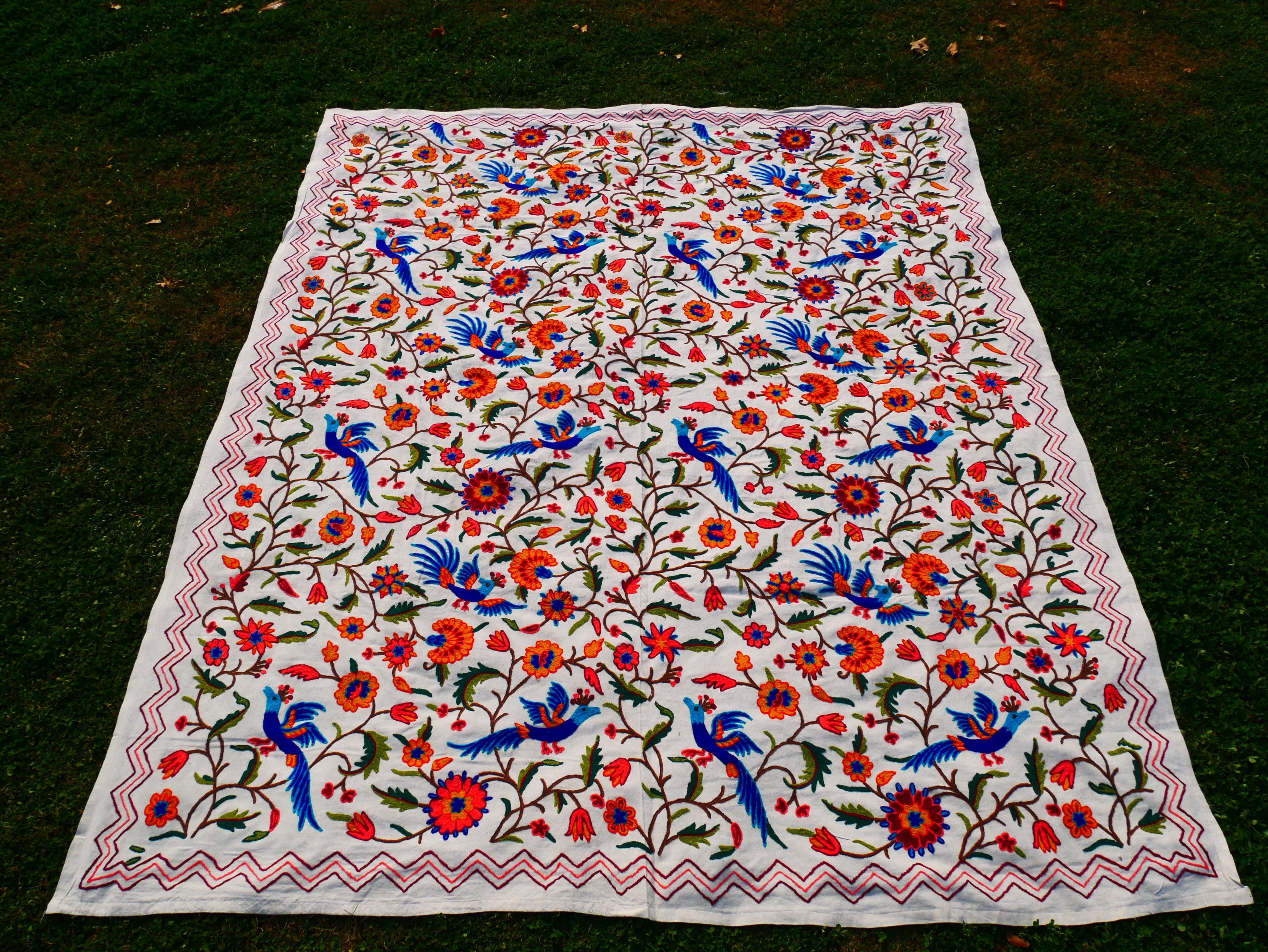Hand embroidered Kashmiri bedspread - colorful crewel embroidery - large boho bed throw
