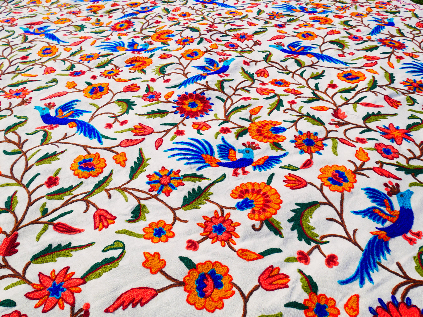 Hand embroidered Kashmiri bedspread - colorful crewel embroidery - large boho bed throw