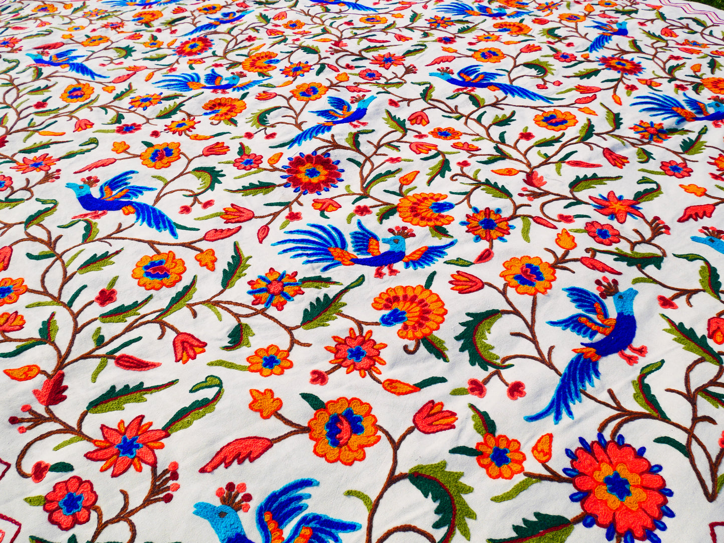 Hand embroidered Kashmiri bedspread - colorful crewel embroidery - large boho bed throw