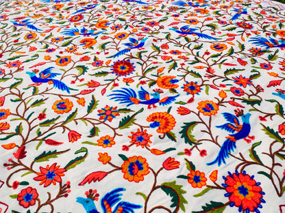 Hand embroidered Kashmiri bedspread - colorful crewel embroidery - large boho bed throw