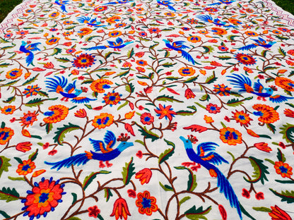 Hand embroidered Kashmiri bedspread - colorful crewel embroidery - large boho bed throw