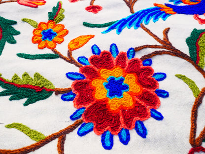 Hand embroidered Kashmiri bedspread - colorful crewel embroidery - large boho bed throw