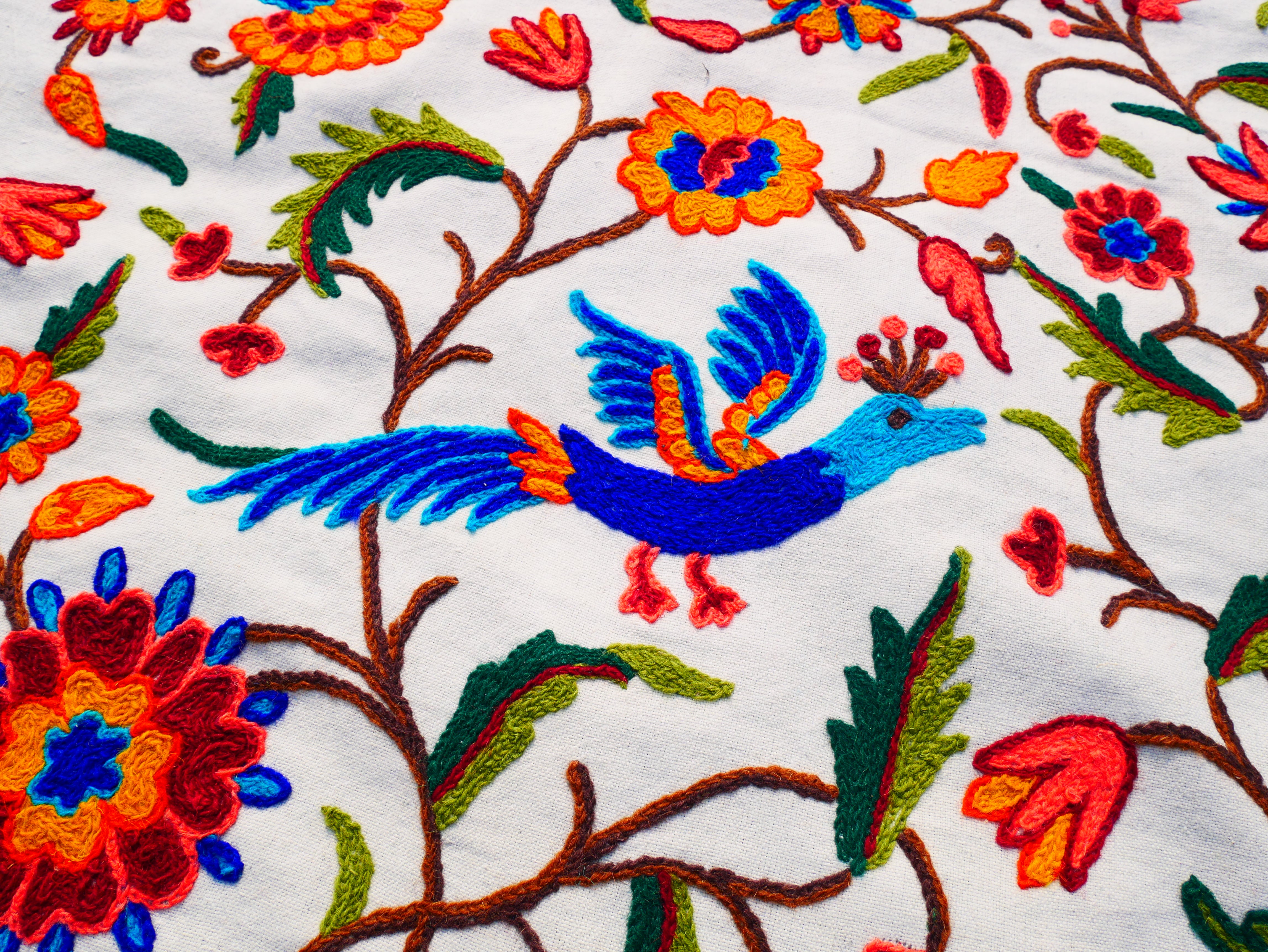 Hand embroidered Kashmiri bedspread - colorful crewel embroidery - large boho bed throw