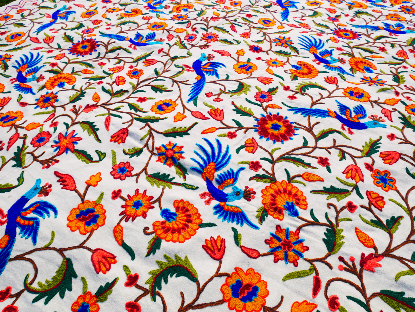 Hand embroidered Kashmiri bedspread - colorful crewel embroidery - large boho bed throw