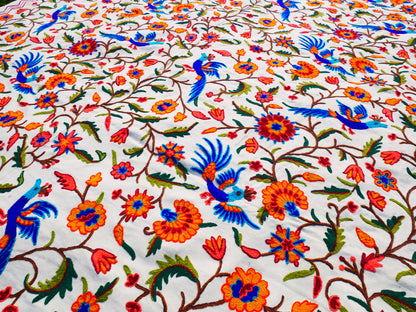 Hand embroidered Kashmiri bedspread - colorful crewel embroidery - large boho bed throw