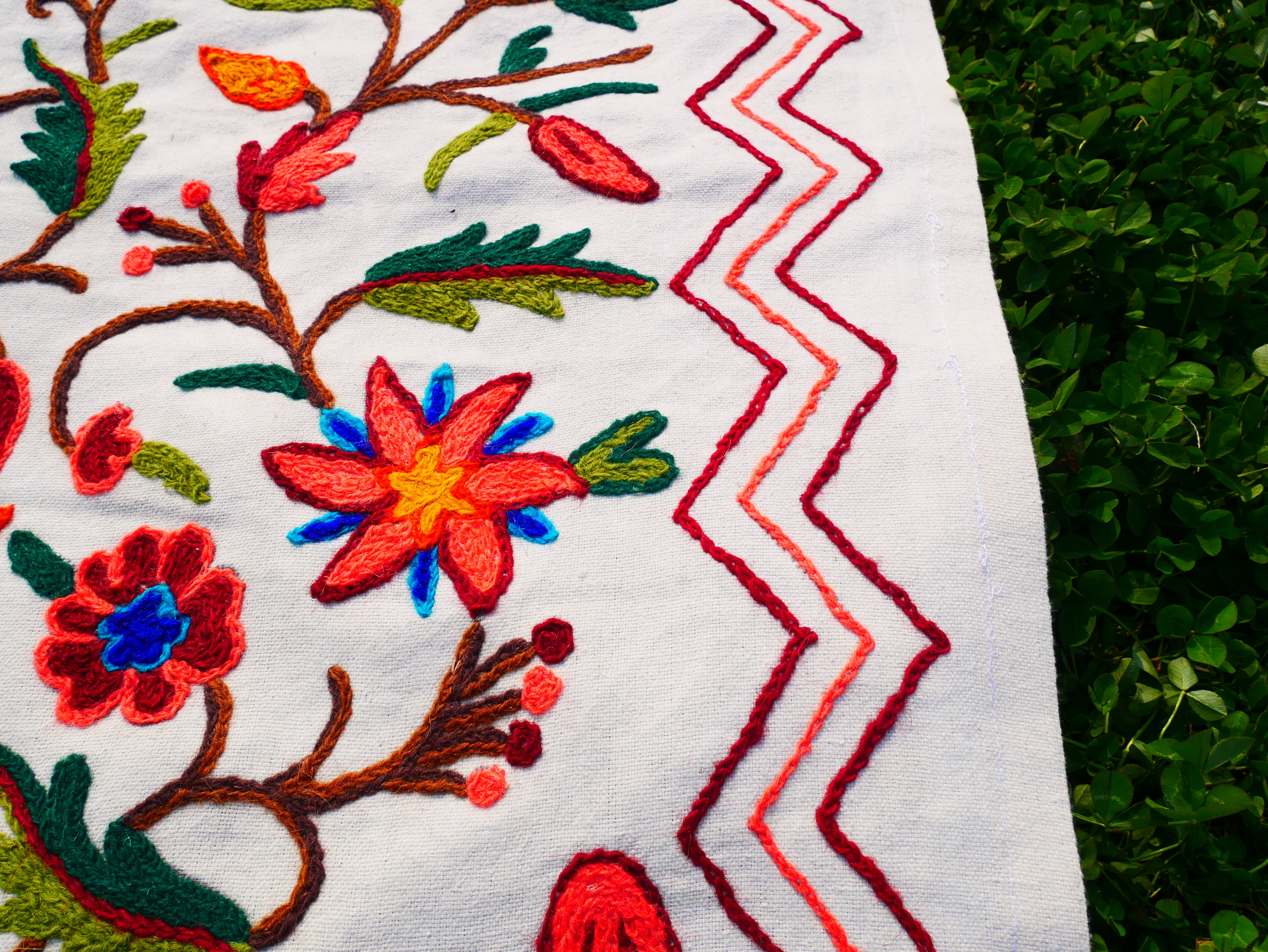 Hand embroidered Kashmiri bedspread - colorful crewel embroidery - large boho bed throw