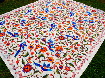 Hand embroidered Kashmiri bedspread - colorful crewel embroidery - large boho bed throw