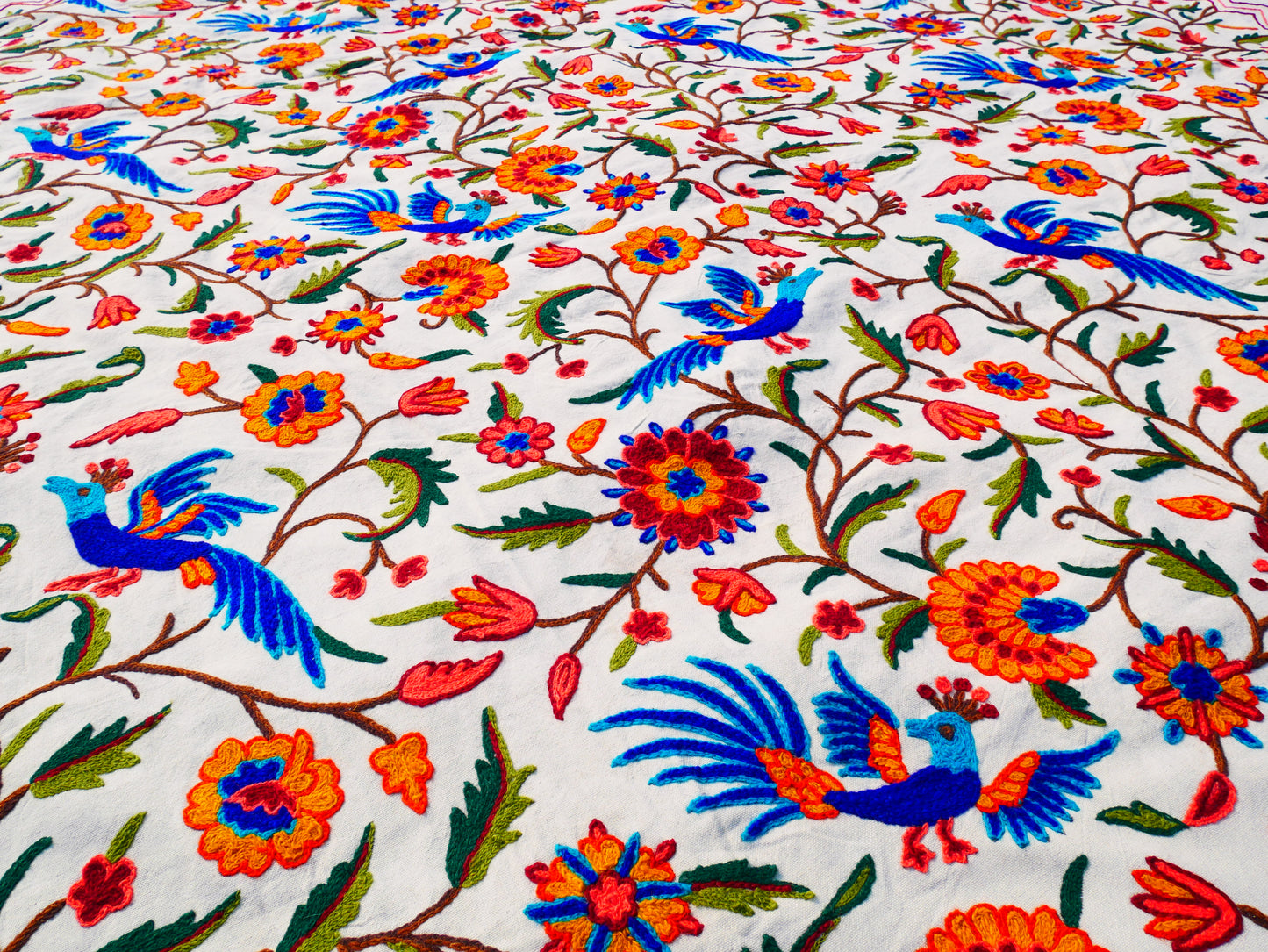 Hand embroidered Kashmiri bedspread - colorful crewel embroidery - large boho bed throw
