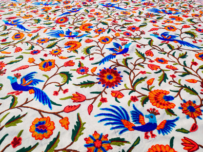Hand embroidered Kashmiri bedspread - colorful crewel embroidery - large boho bed throw