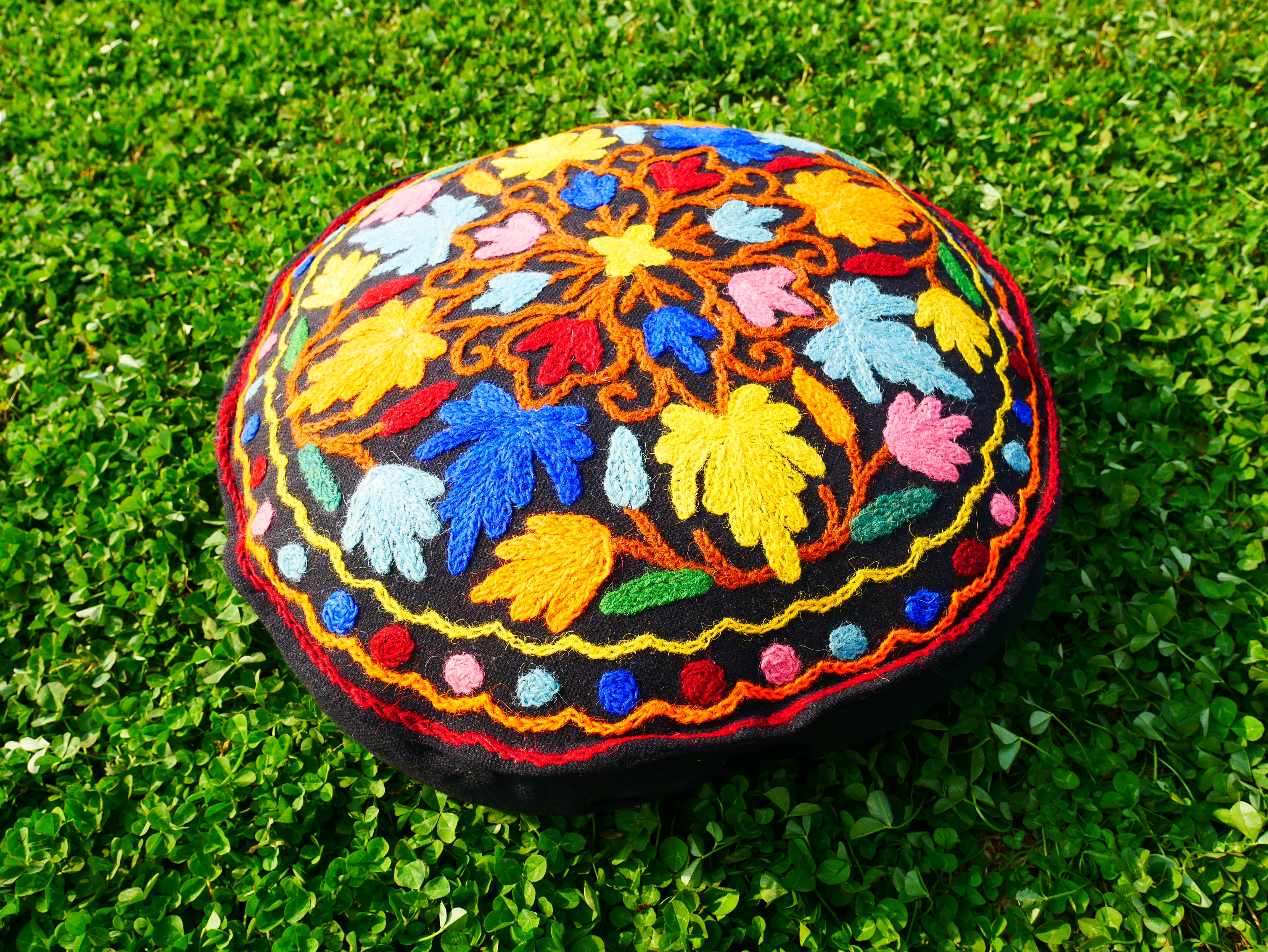 Kashmiri Meditation Cushion Cover - hand embroidered Floor Seating Pillow for Meditation or Yoga Spaces | Cover Only
