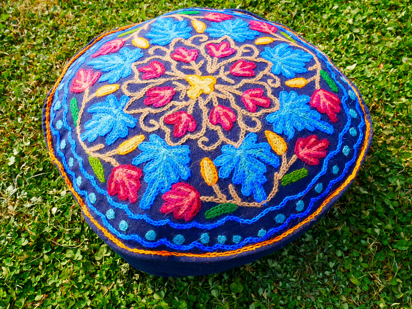 Hand-Embroidered Kashmiri Mandala Cushion Cover – Boho Floor Seating Pillow for Meditation | Cover Only