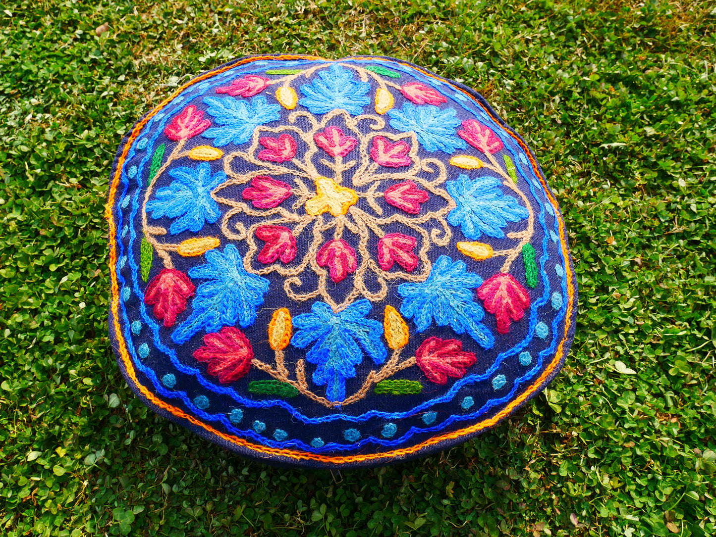 Hand-Embroidered Kashmiri Mandala Cushion Cover – Boho Floor Seating Pillow for Meditation | Cover Only