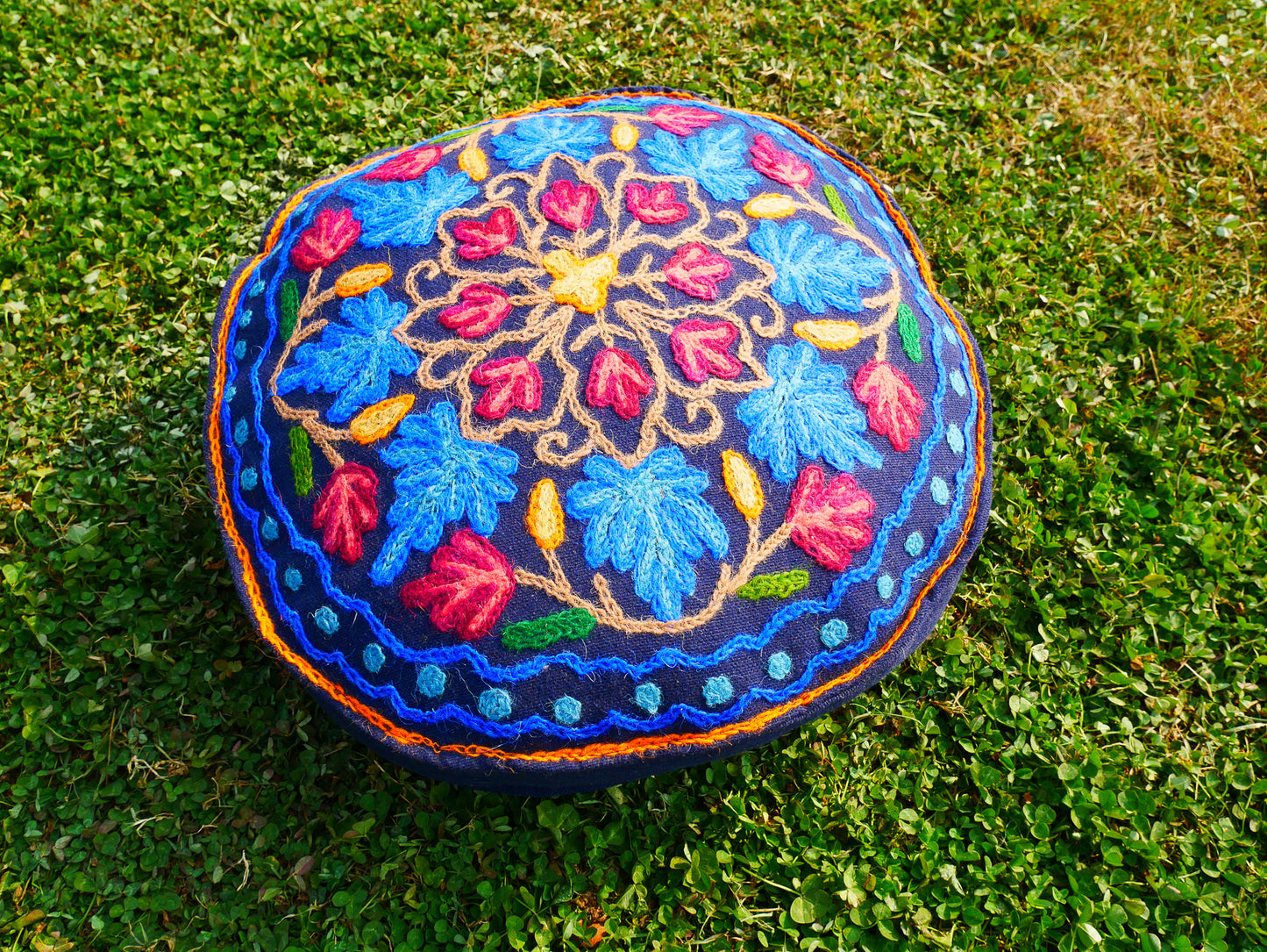 Hand-Embroidered Kashmiri Mandala Cushion Cover – Boho Floor Seating Pillow for Meditation | Cover Only