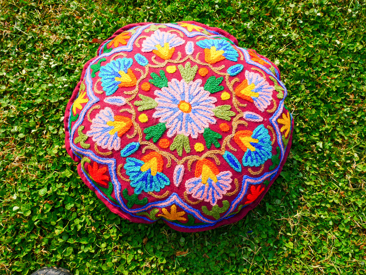 Kashmiri Mandala Meditation Cushion Cover – Hand-Embroidered Boho Floor Pillow for Yoga, Mindfulness & Relaxation | Cover Only