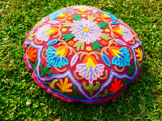 Kashmiri Mandala Meditation Cushion Cover – Hand-Embroidered Boho Floor Pillow for Yoga, Mindfulness & Relaxation | Cover Only
