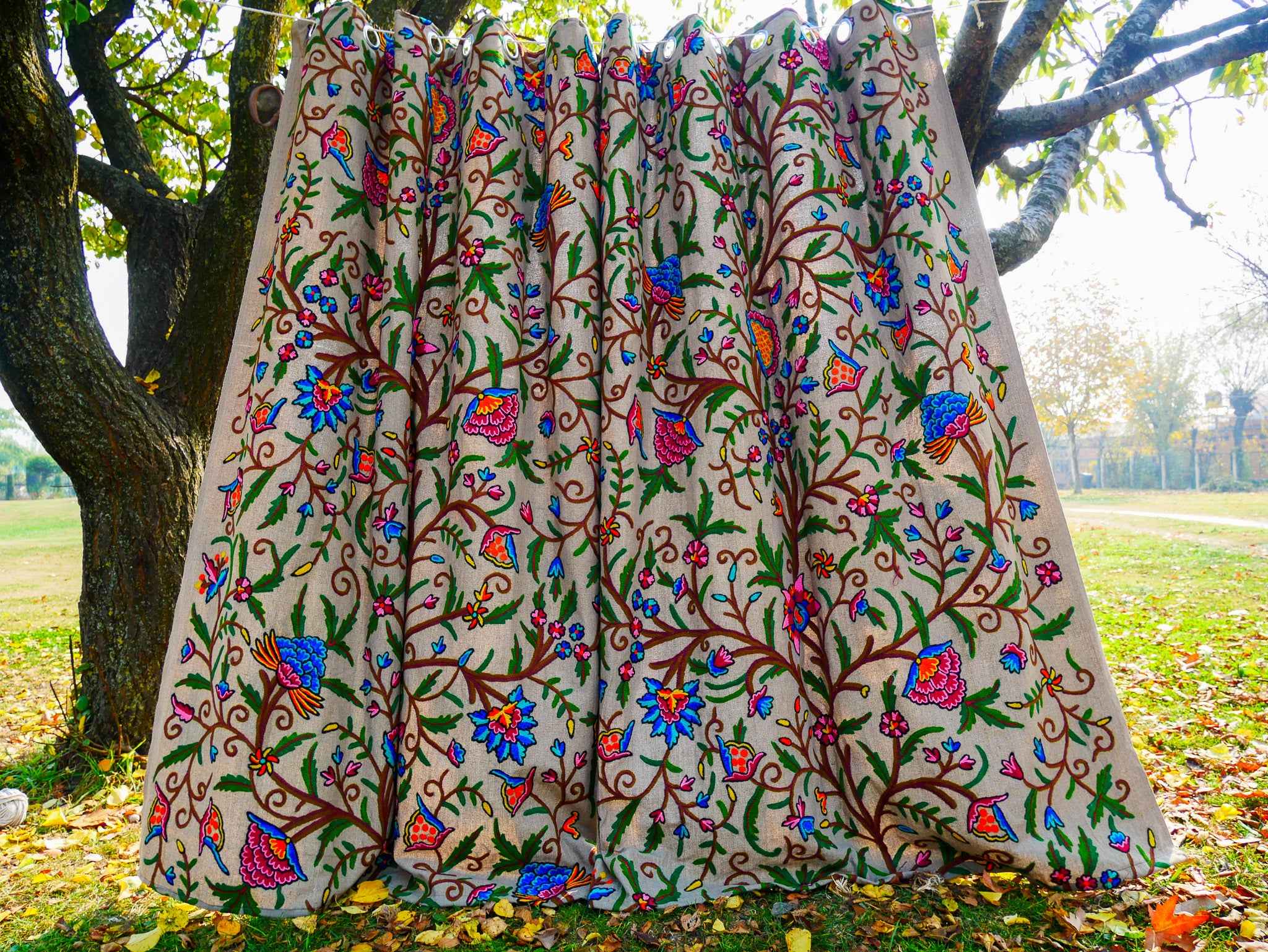 Hand-Embroidered Floral Curtain from Kashmir – Cotton & Wool Boho Bedroom Curtain