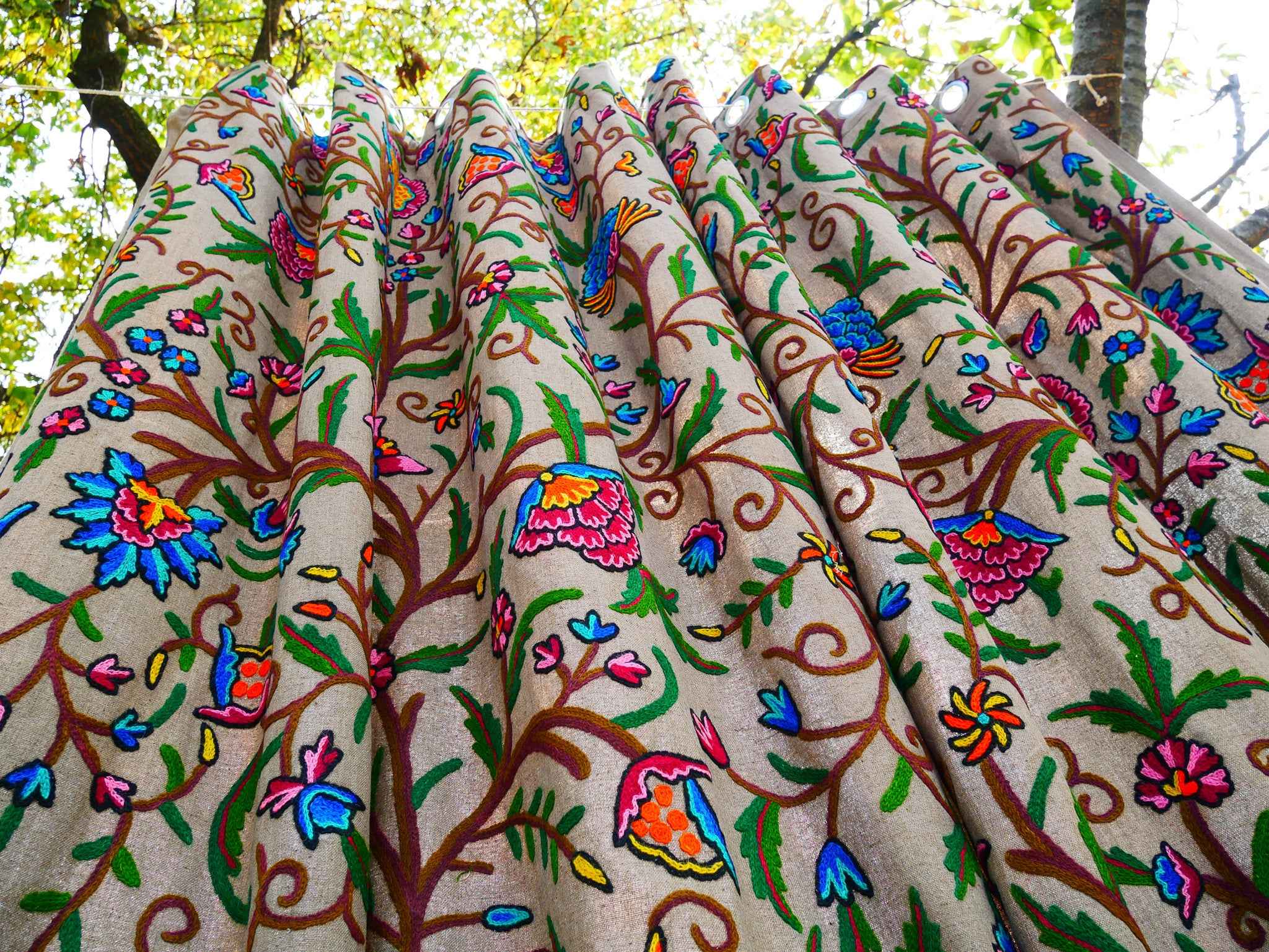 Hand-Embroidered Floral Curtain from Kashmir – Cotton & Wool Boho Bedroom Curtain