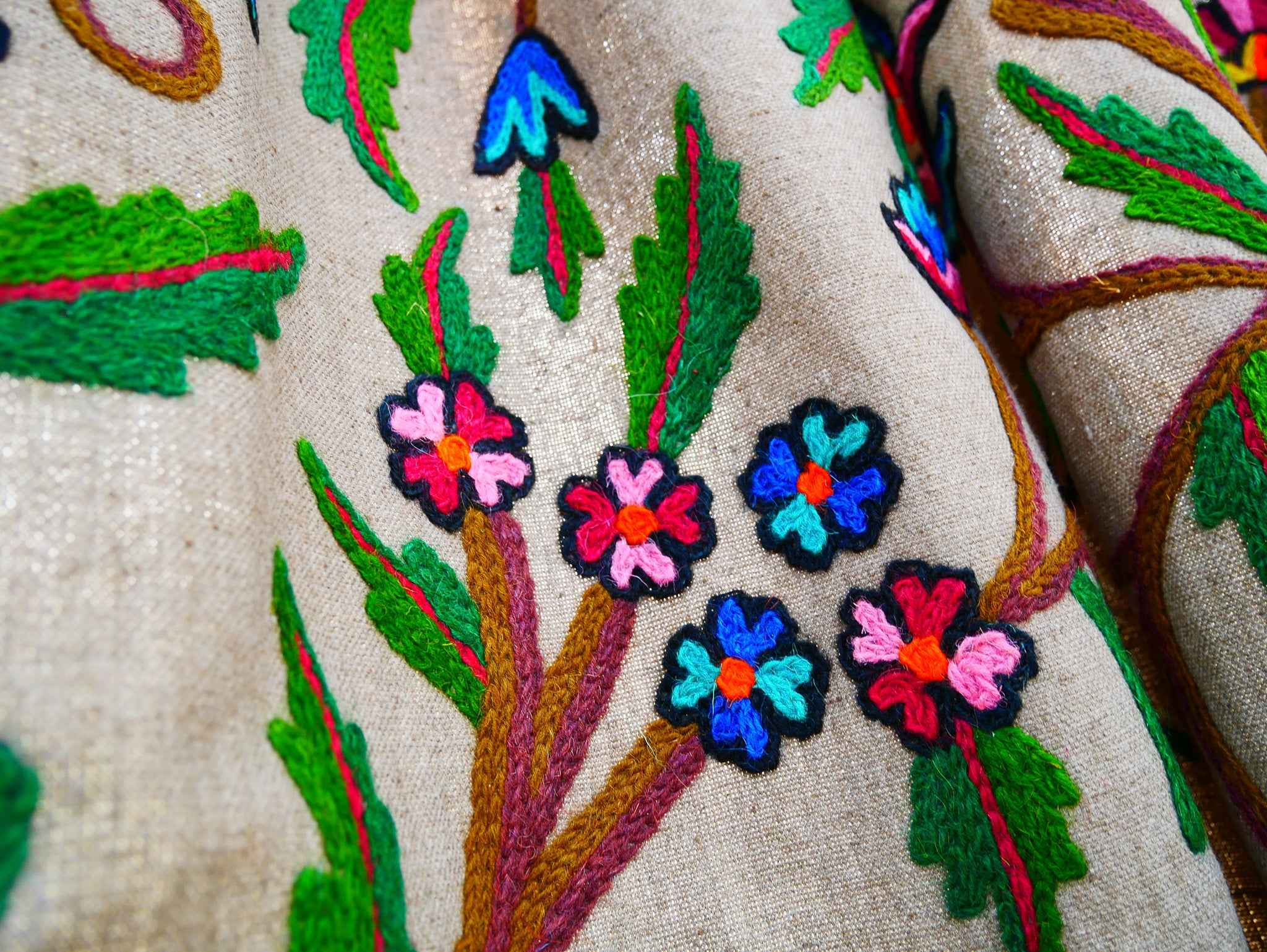 Hand-Embroidered Floral Curtain from Kashmir – Cotton & Wool Boho Bedroom Curtain