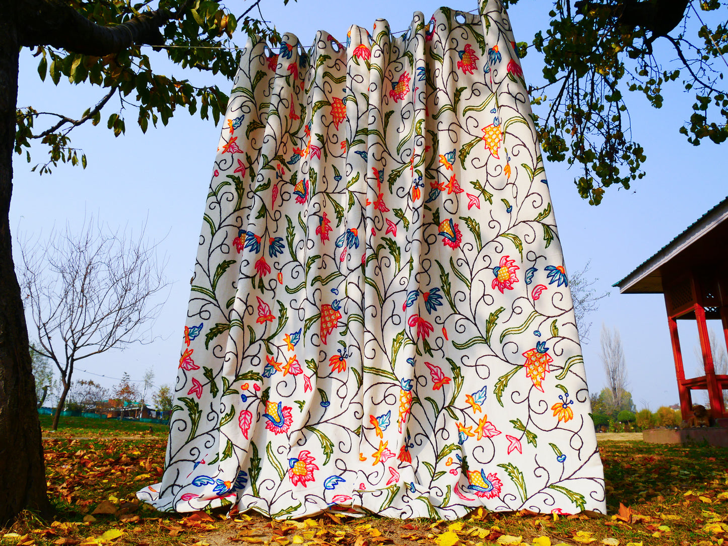 Kashmiri Embroidery curtain panel - Hand embroidered Flower curtain cotton and wool bedroom curtain- Boho Blackout curtain