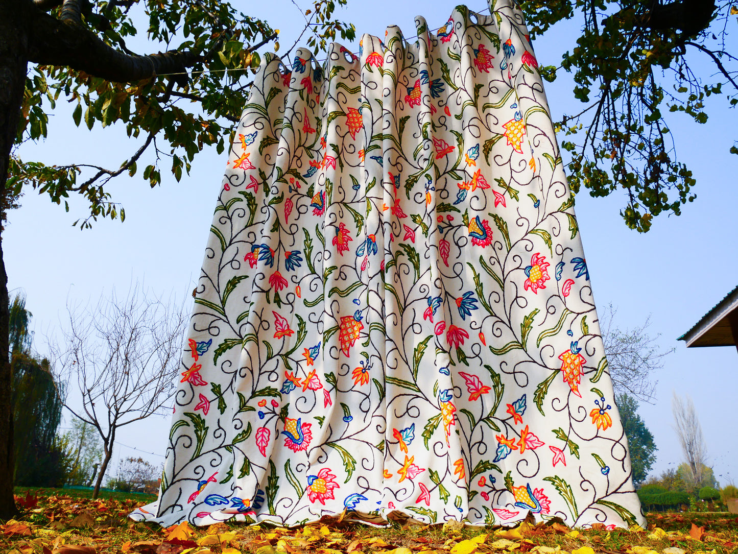 Kashmiri Embroidery curtain panel - Hand embroidered Flower curtain cotton and wool bedroom curtain- Boho Blackout curtain