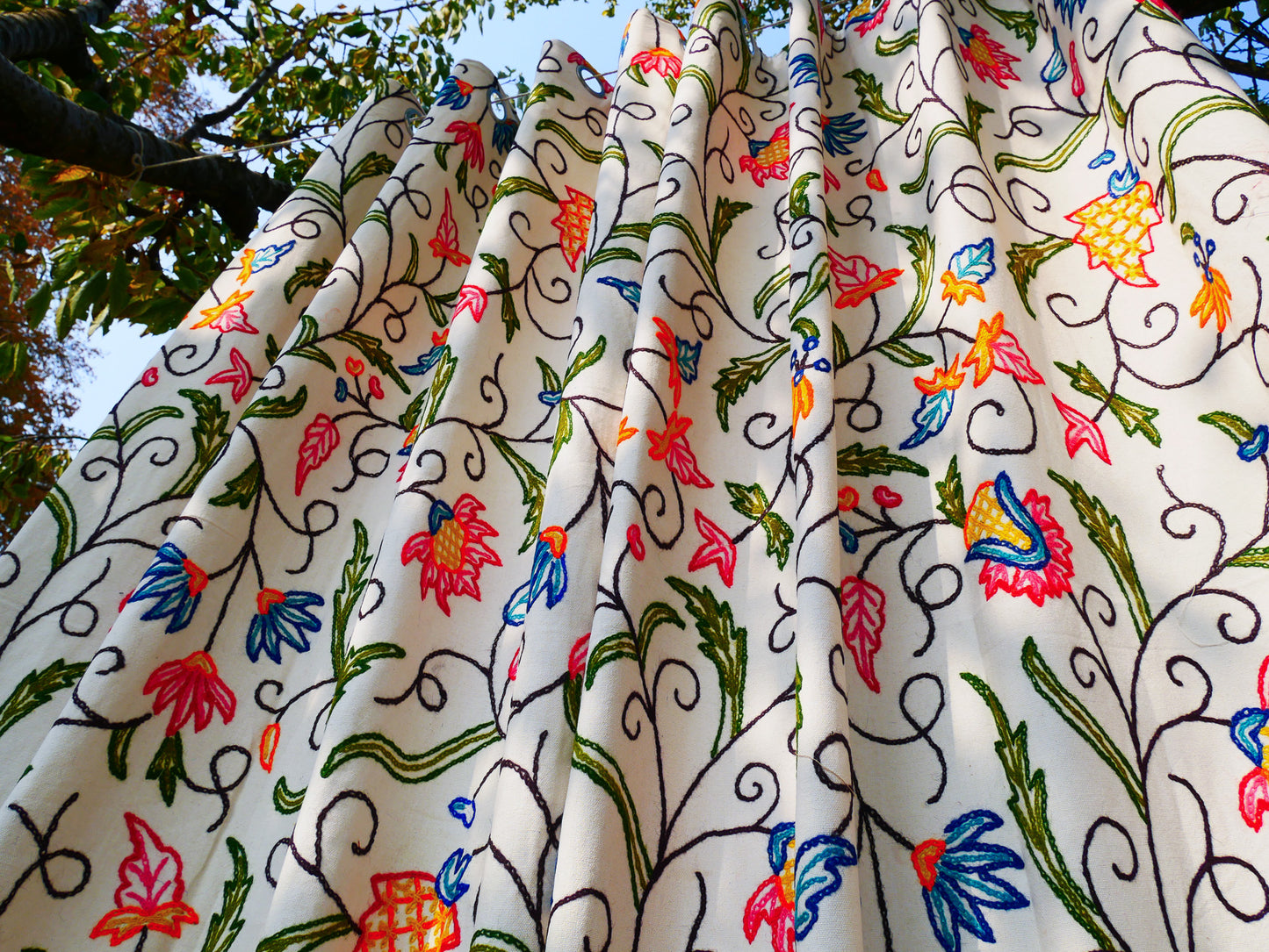 Kashmiri Embroidery curtain panel - Hand embroidered Flower curtain cotton and wool bedroom curtain- Boho Blackout curtain