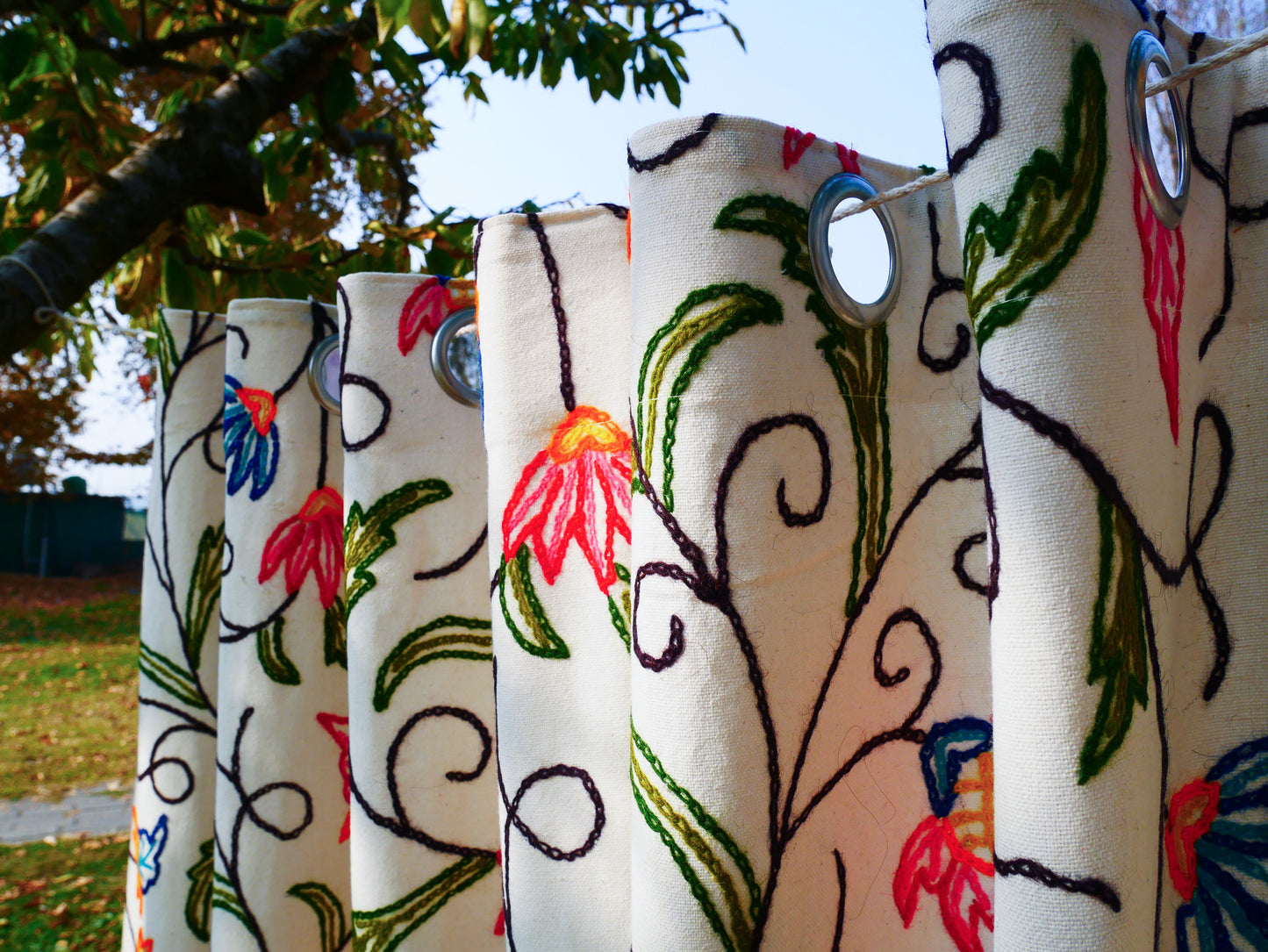 Kashmiri Embroidery curtain panel - Hand embroidered Flower curtain cotton and wool bedroom curtain- Boho Blackout curtain