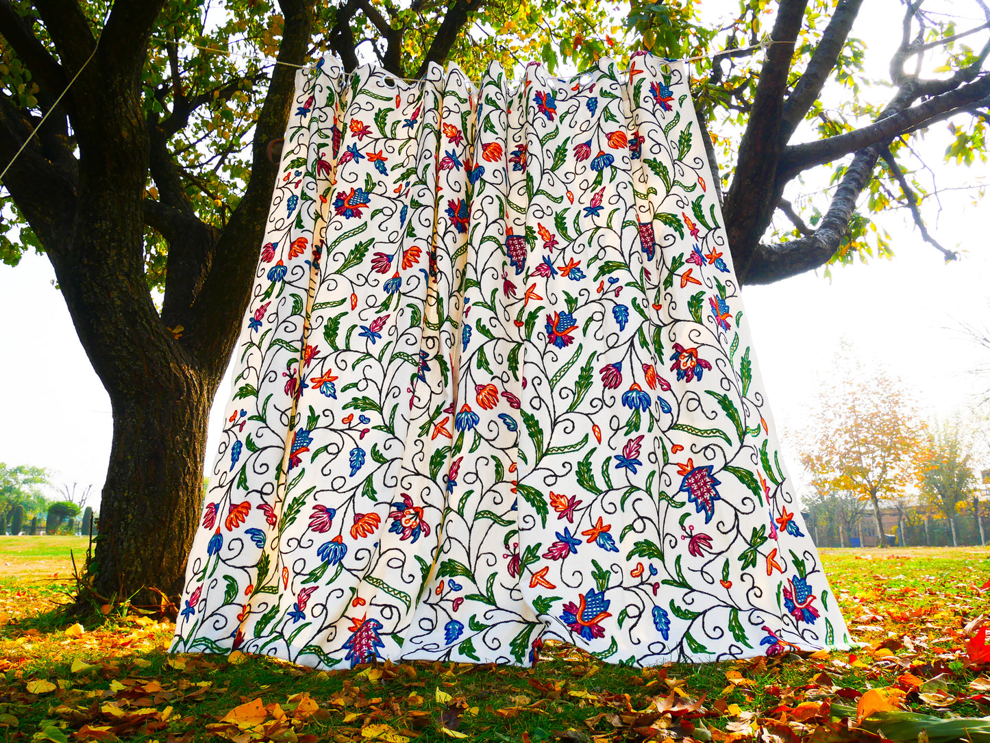 Kashmiri Embroidery curtain - Hand embroidered Flower curtains - cotton and wool bedroom curtain- Boho style