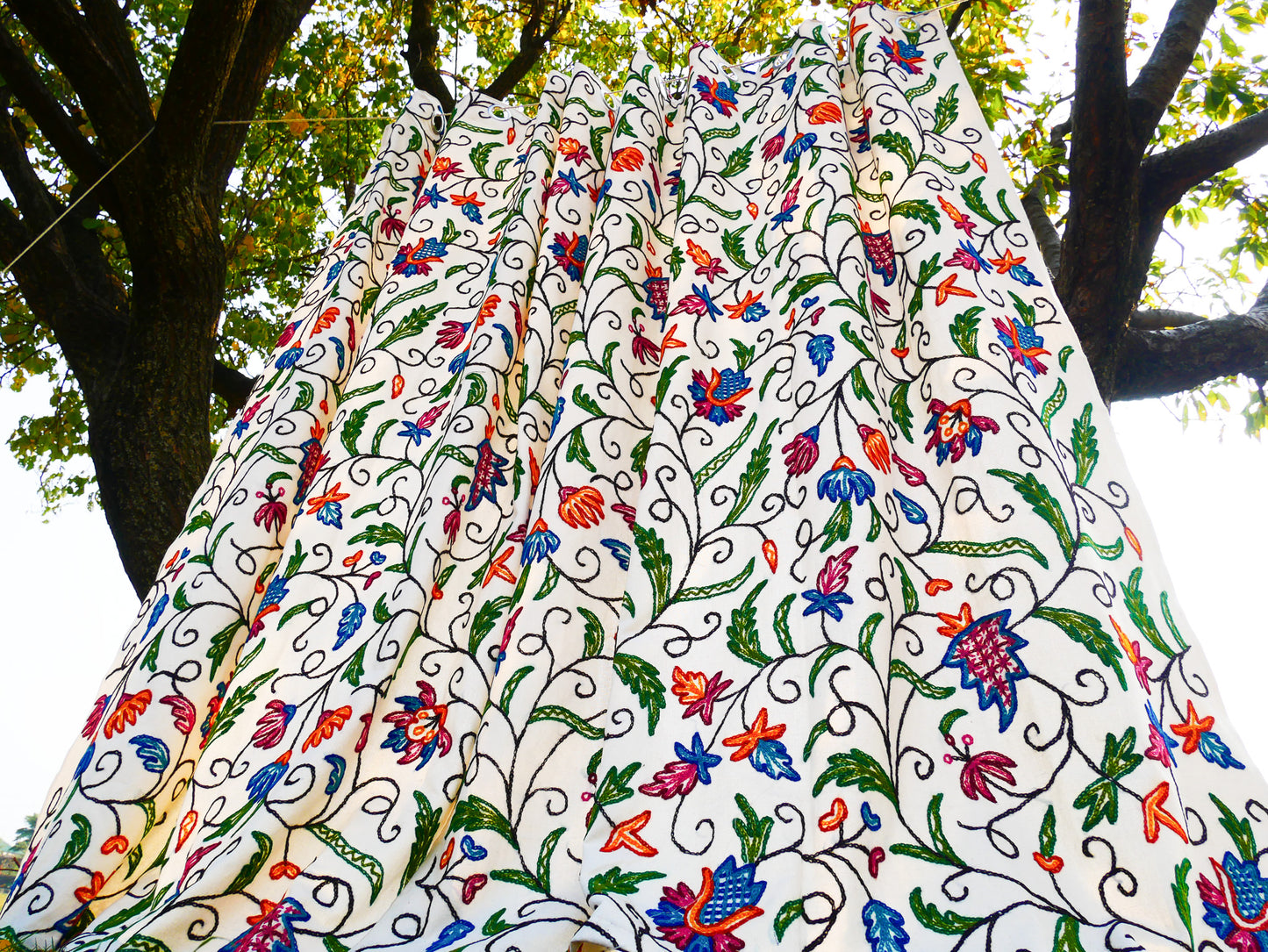 Kashmiri Embroidery curtain - Hand embroidered Flower curtains - cotton and wool bedroom curtain- Boho style