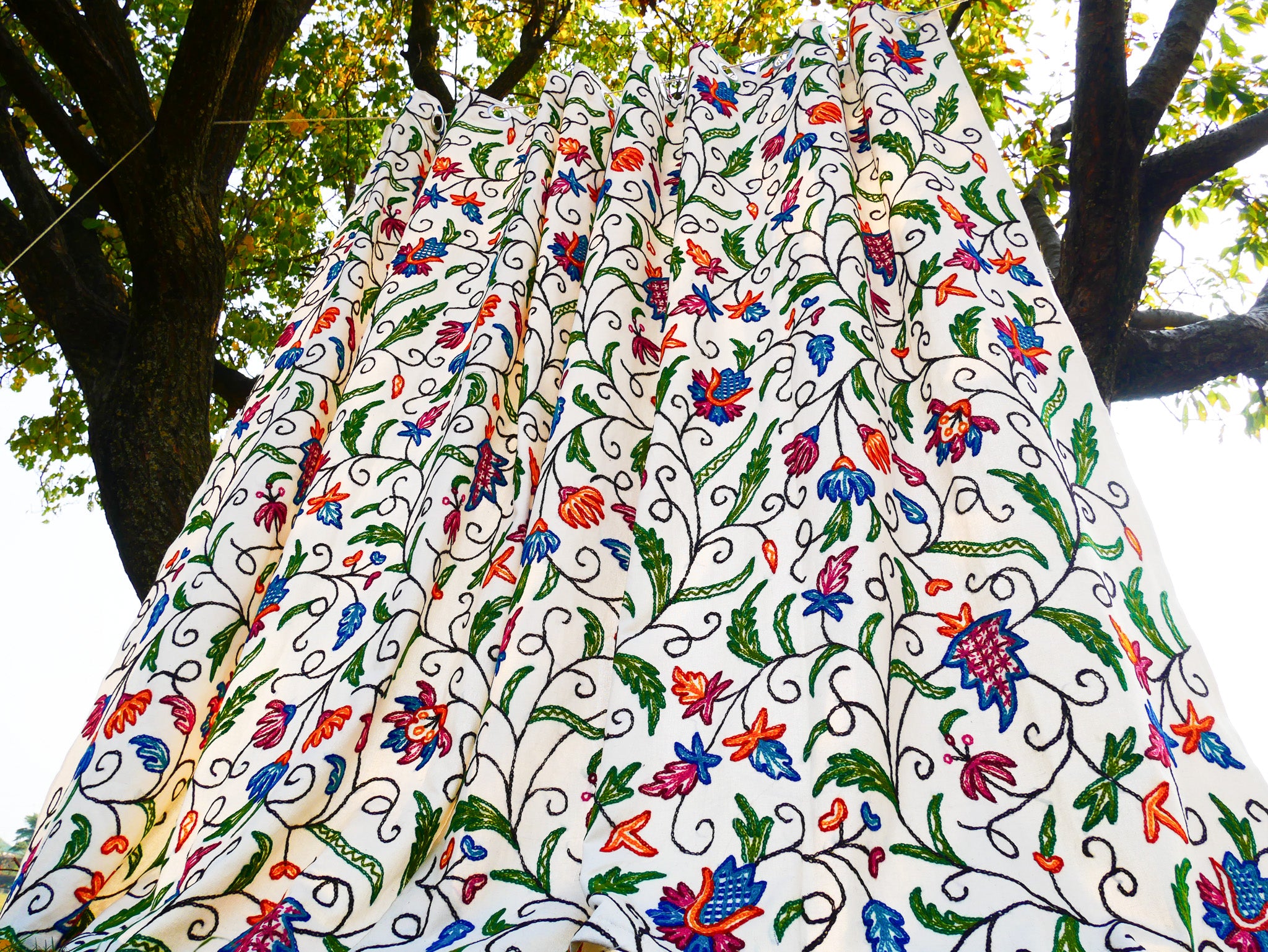 Cortina con bordado de Cachemira - Cortinas con flores bordadas a mano - Cortina de dormitorio de algodón y lana - Estilo bohemio