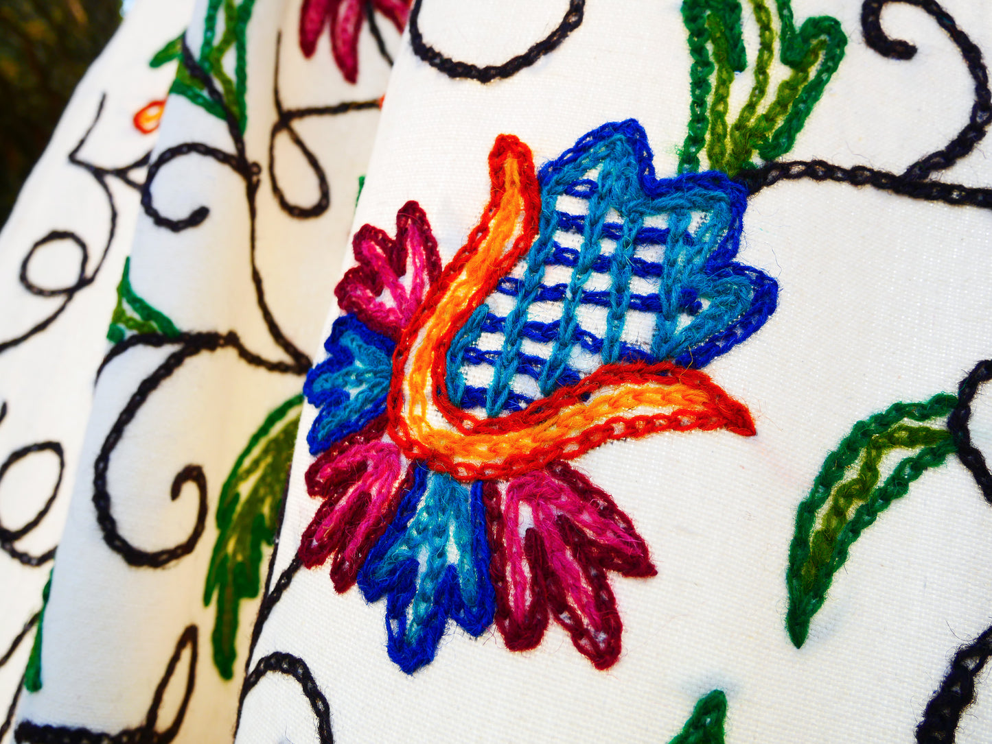 Kashmiri Embroidery curtain - Hand embroidered Flower curtains - cotton and wool bedroom curtain- Boho style