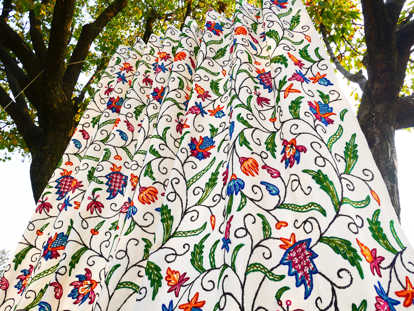 Kashmiri Embroidery curtain - Hand embroidered Flower curtains - cotton and wool bedroom curtain- Boho style