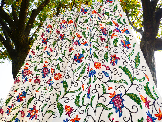 Kashmiri Embroidery curtain - Hand embroidered Flower curtains - cotton and wool bedroom curtain- Boho style