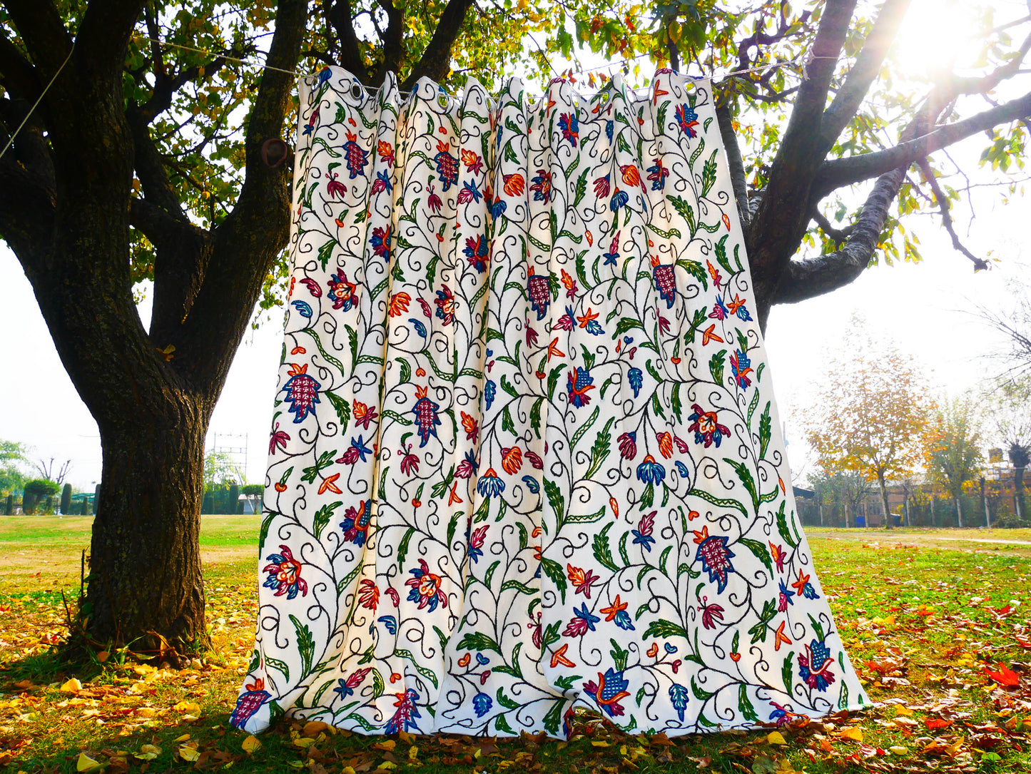 Kashmiri Embroidery curtain - Hand embroidered Flower curtains - cotton and wool bedroom curtain- Boho style