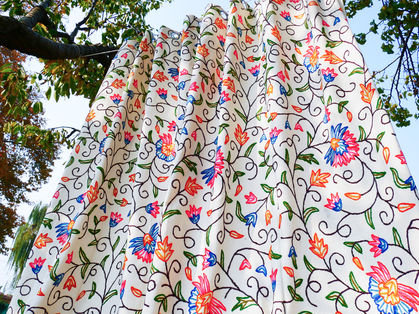 hand embroidered curtain panel from Kashmir - Flower curtain cotton and wool bedroom curtain- Boho Blackout curtain