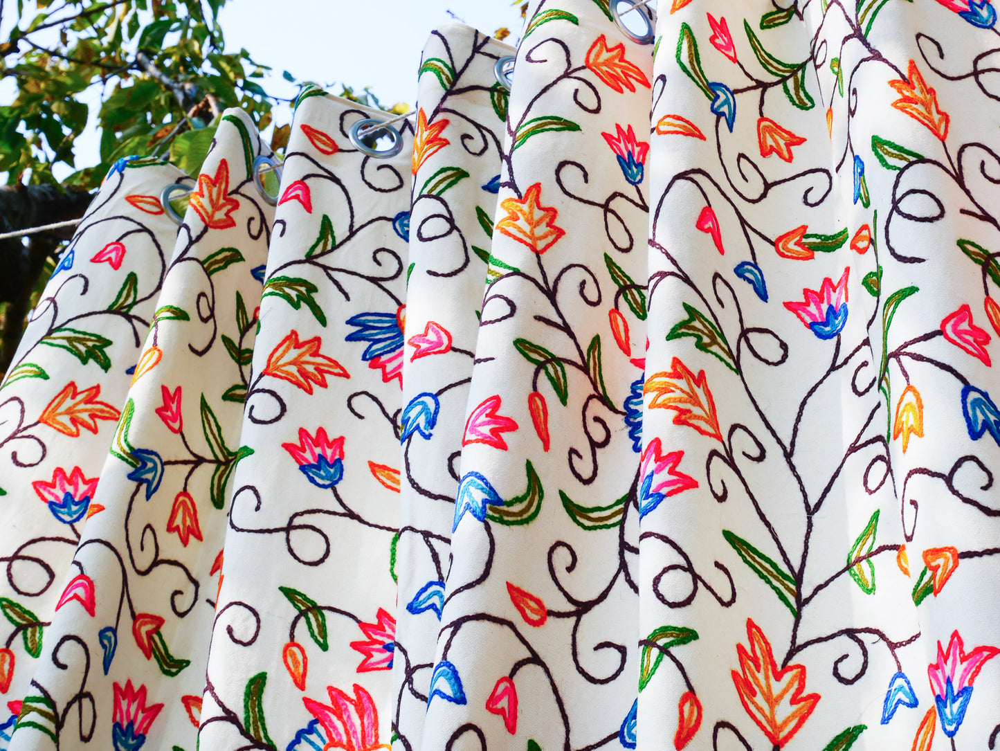 hand embroidered curtain panel from Kashmir - Flower curtain cotton and wool bedroom curtain- Boho Blackout curtain