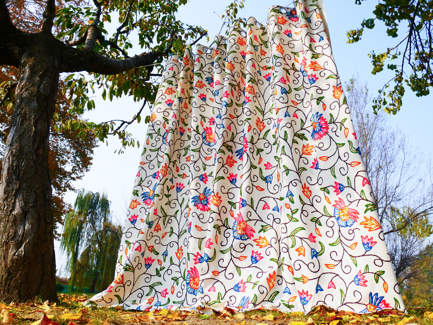 hand embroidered curtain panel from Kashmir - Flower curtain cotton and wool bedroom curtain- Boho Blackout curtain