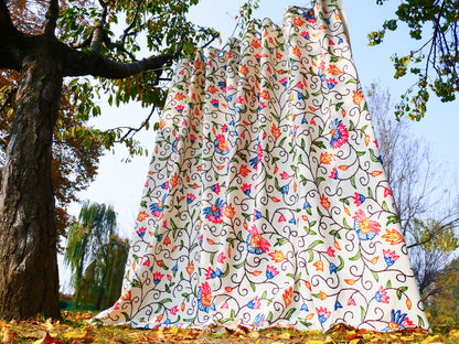 hand embroidered curtain panel from Kashmir - Flower curtain cotton and wool bedroom curtain- Boho Blackout curtain