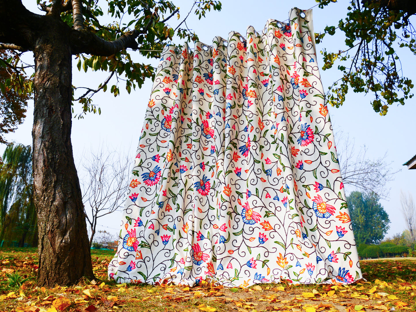 hand embroidered curtain panel from Kashmir - Flower curtain cotton and wool bedroom curtain- Boho Blackout curtain