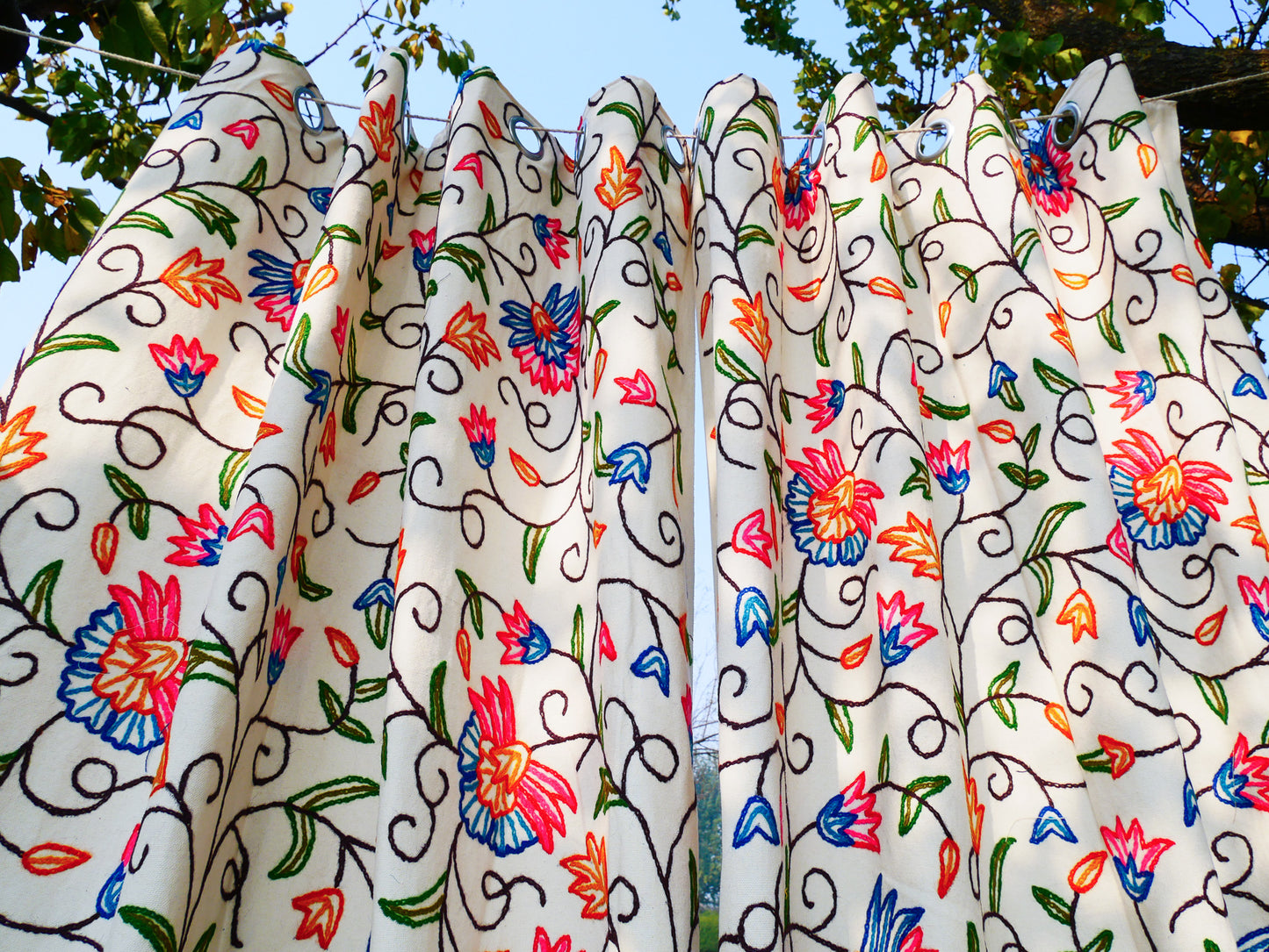 hand embroidered curtain panel from Kashmir - Flower curtain cotton and wool bedroom curtain- Boho Blackout curtain
