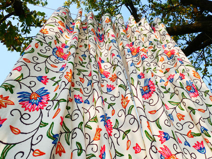 hand embroidered curtain panel from Kashmir - Flower curtain cotton and wool bedroom curtain- Boho Blackout curtain