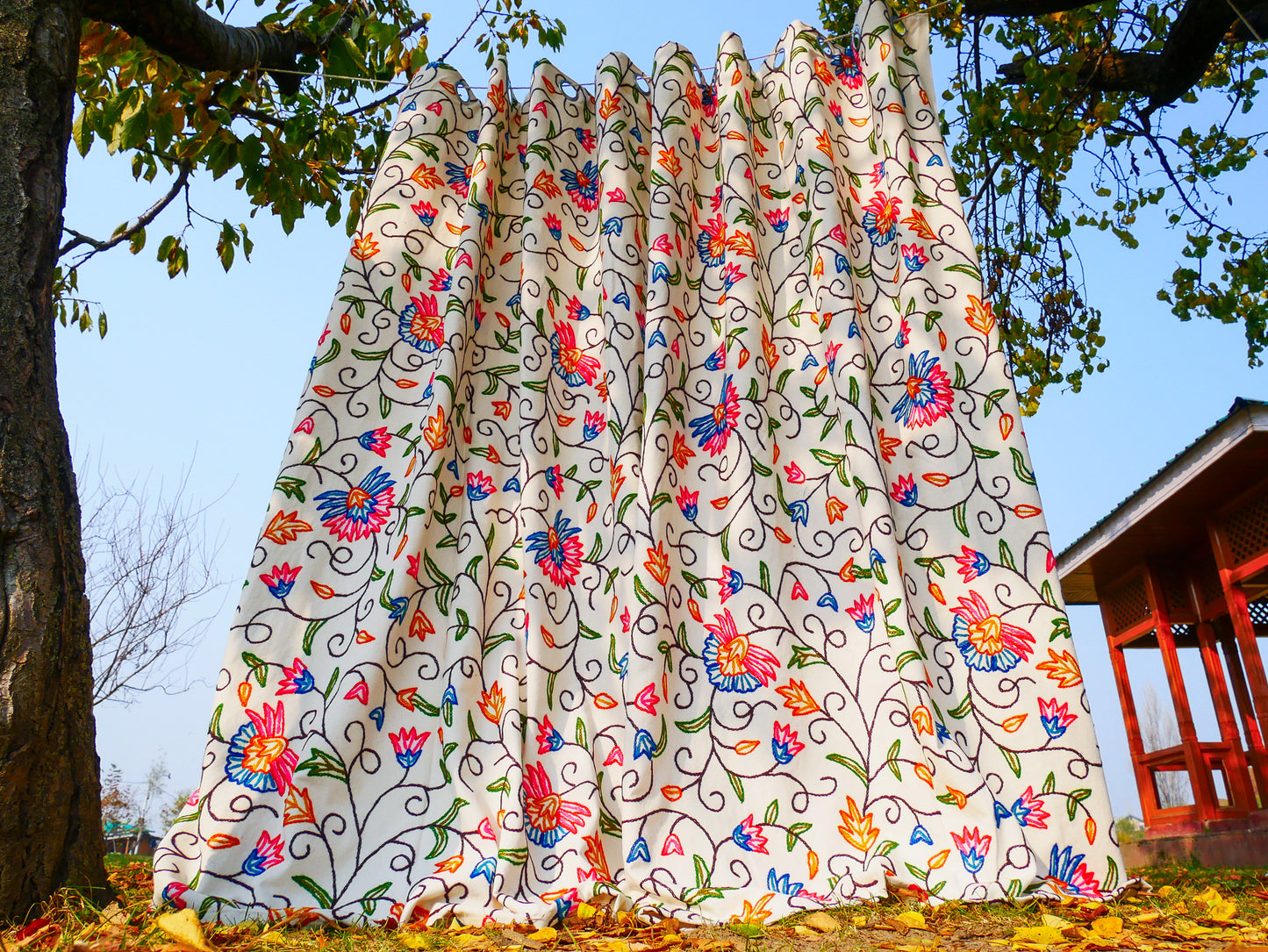 hand embroidered curtain panel from Kashmir - Flower curtain cotton and wool bedroom curtain- Boho Blackout curtain