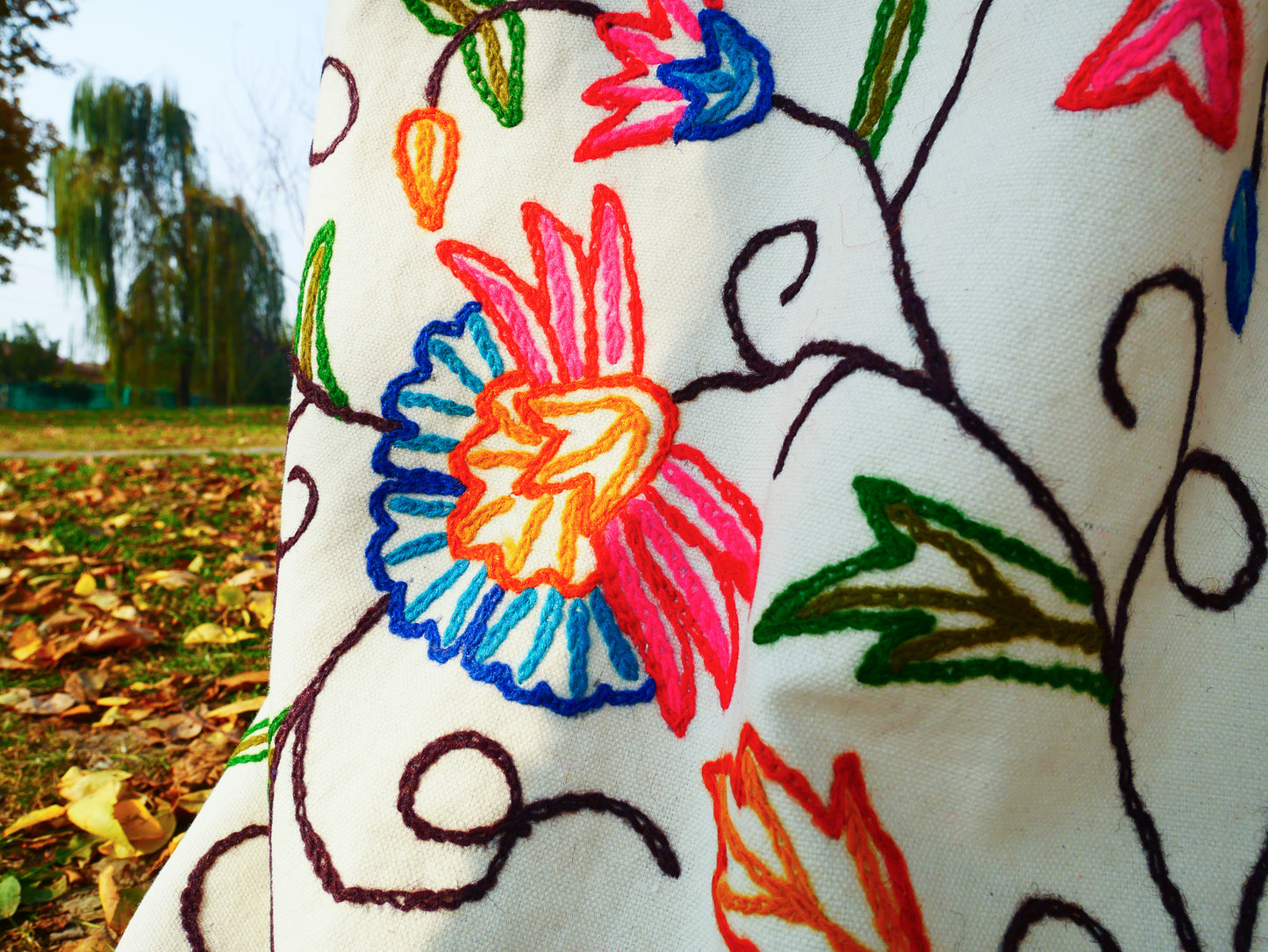 hand embroidered curtain panel from Kashmir - Flower curtain cotton and wool bedroom curtain- Boho Blackout curtain