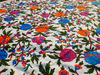 Bohemian bedding - luxury Indian bed throw | Kashmir Crewel embroidery - colorful bedspread, floral design