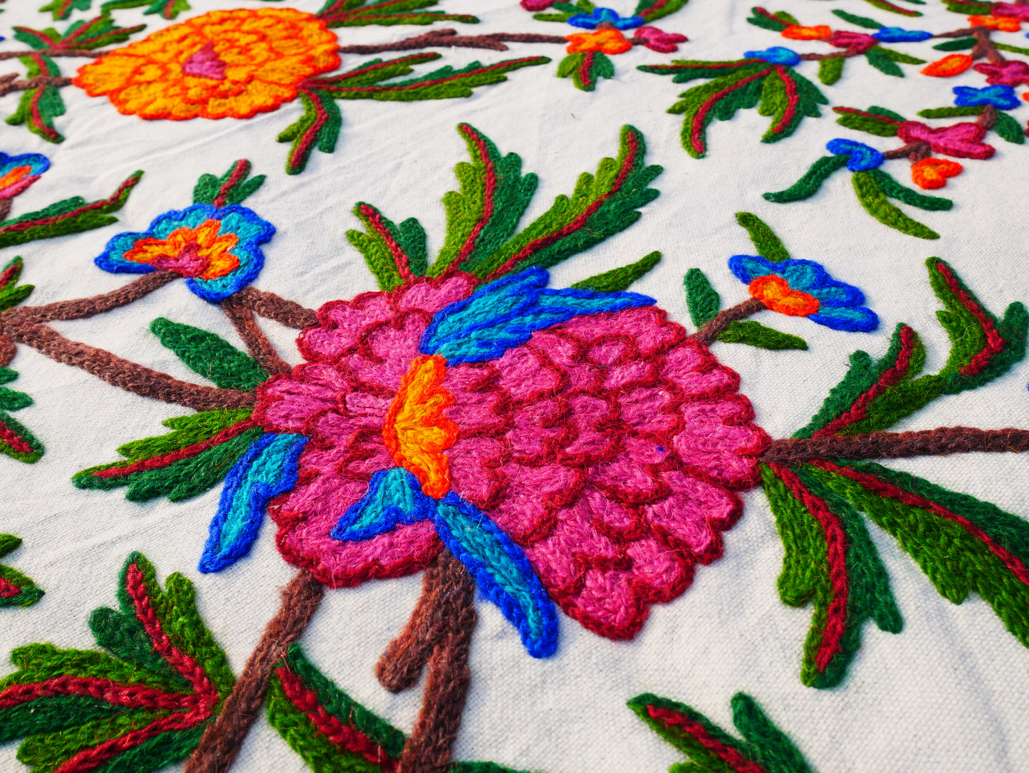 Bohemian bedding - luxury Indian bed throw | Kashmir Crewel embroidery - colorful bedspread, floral design