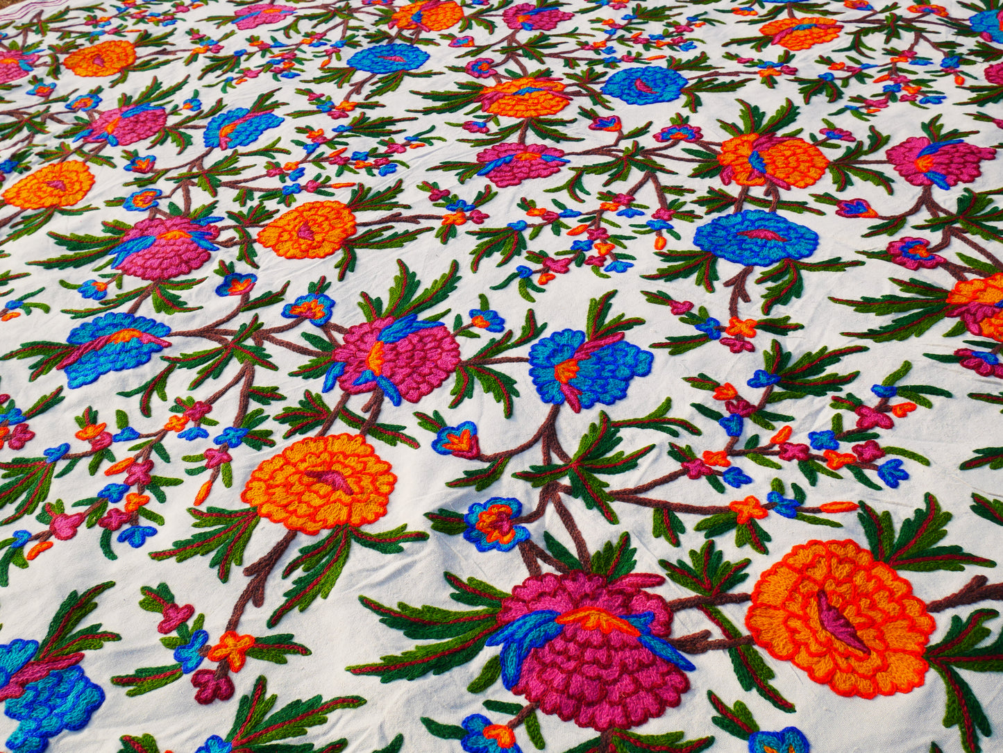 Bohemian bedding - luxury Indian bed throw | Kashmir Crewel embroidery - colorful bedspread, floral design